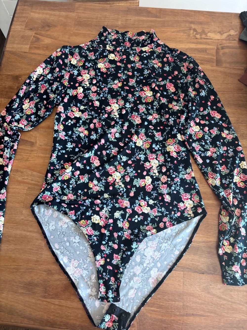 Floral Long Sleeve Mock Neck Bodysuit - Black with Pink & Cream Flowers